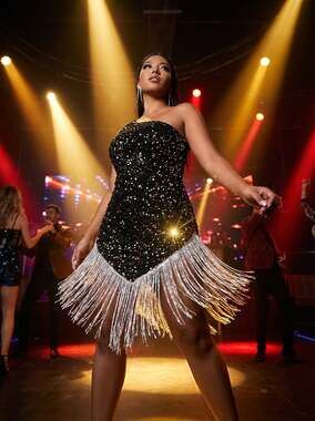 NWT Pixlemain Black Sequin Fringe Party Dress